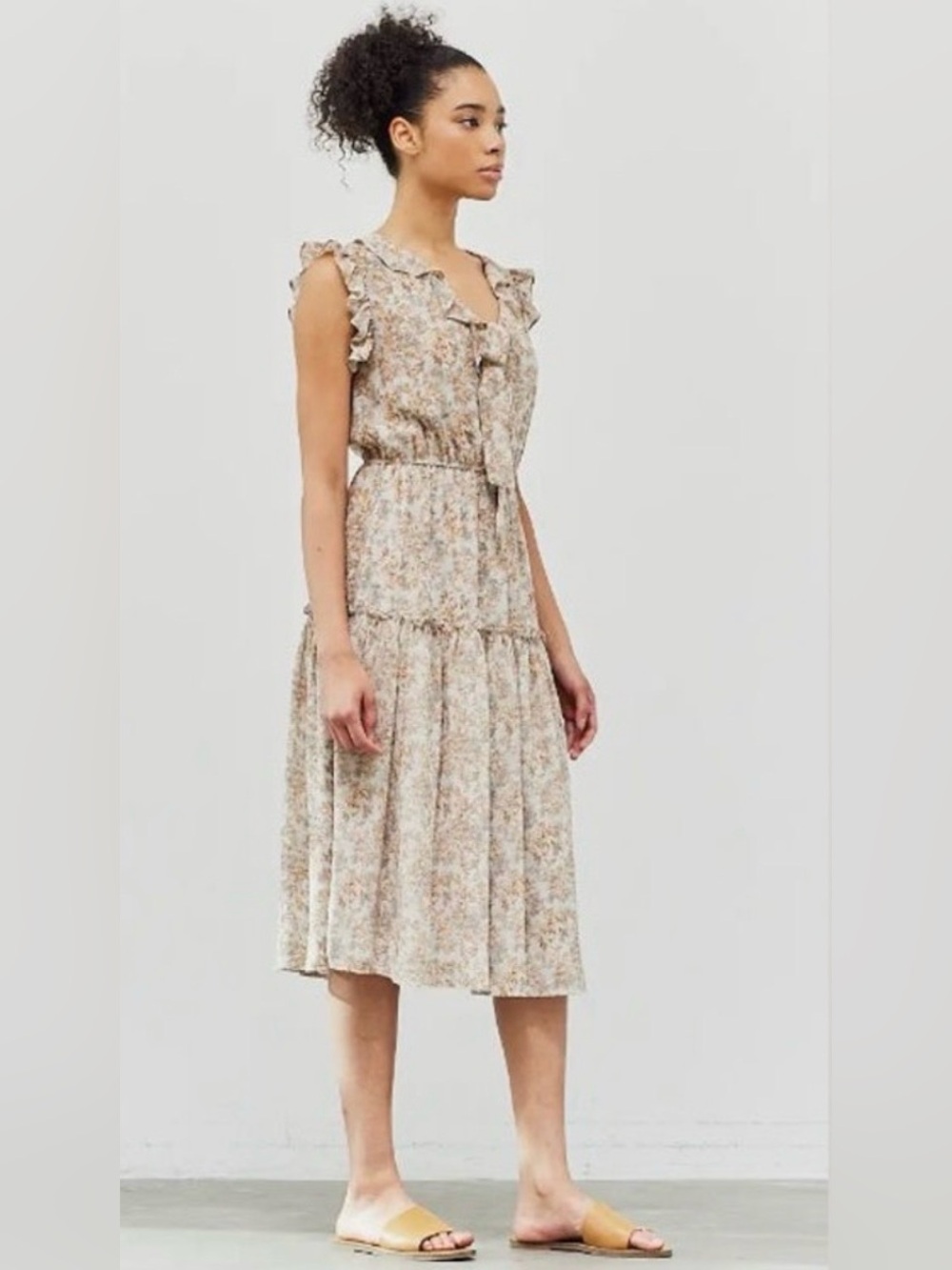 Grade and Gather Floral Ruffle Tie-Waist Midi Dress - Gray Floral - NWOT